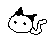 Pixel art cat head with black ears, white face, and tail in multiple expressions including neutral, smiling, blushing, and steam from the top.
