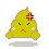 Four pixel-art frames of a yellow poop-shaped character with facial features and colored symbols on its head, arranged in a 2x2 contact sheet against a gray background.