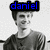 Two grayscale pixelated figures with blue text overlays; left figure has 'daniel' above head, right figure has 'radcliffe<3' below chest.