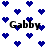 Blue pixelated hearts scattered across white background with four instances of 'Gabby' text in black pixelated font.