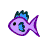 Pixelated fish icon with purple body, blue eye and fin accents, black pupil, dark green spiky dorsal fin, white background.