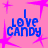 A static image with pink background and purple starbursts, displaying blue text 'I love CANDY' in pixelated font.