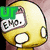 Yellow mushroom-shaped character with white spots and a brown cap, holding a sign reading 'EMO.' in green text above it.