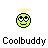 A 7-frame animated contact sheet of a green pixel-art smiley face with yellow halos, each frame showing subtle variations in eye expression and mouth shape beneath the text "Coolbuddy".