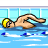 Pixelated swimmer in freestyle stroke, wearing yellow cap and dark goggles, floating on blue water with white wave patterns.