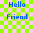 Blue text "Hello" and "Friend" on a green-pink checkered background with pixelated animation effects.