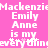 Pixelated white text on a solid pink background reads "Mackenzie Mackenzie Emily Emily Anne Anne is my everything" in two identical vertical