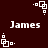 Dark red background with white pixelated text 'James' and repeating white square-dot animation elements.