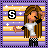 Pixel art of a girl with long brown hair, white crop top, black checkered pants, and black wristbands against striped purple-yellow background with stars.