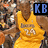 A pixelated image of a basketball player in a yellow jersey with number 24, featuring blue text overlays and a crowd background.