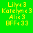 Four identical green display yellow text listing names and 'BFF' with heart symbols on a bright background