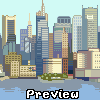 Pixel art cityscape with skyscrapers, water, and greenery; fiery landscape with dragon and lightning; park scene with tree, bench, trash can.