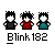 Pixel art animation of three figures with black hair and white faces, wearing dark gray, red, and teal shirts; text "Blink 182" appears below each frame.