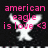 Pixelated image with pink text 'american eagle is love <3' over a white stylized eagle silhouette on black background.