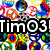 Pixelated collage of colorful peace signs and abstract shapes with text overlays reading "TimO3! Loves!" and "Peace".