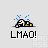 Pixel art of a cartoon character lying face down with blue sparkles above, text below reads LMAO!