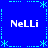 Blue background with cyan dotted lines and star shapes forming a , four instances of 'NeLLi' text in white pixelated font at each quadrant