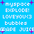 Pixelated text and symbols on a bright blue background with purple star accents, arranged in a pattern