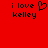 Red background with black pixelated text reading "i love kelley" and a heart symbol on the left side, while the right side shows only the text without the heart.