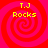 Four identical red and pink spiral patterns with yellow text reading "T.J Rocks" in pixelated font, arranged in a on a solid background