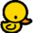 Pixelated yellow duck with black outline, single black eye, orange beak, and spiral-patterned body on white background.