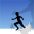 A 4-frame contact sheet of a running stick figure animation with black silhouette against blue sky and white ground, showing progressive motion from left to right across frames.