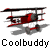 A 2x2 contact sheet of four animated frames showing a red and black biplane with gray shadows, each frame labeled "Coolbuddy" in pixelated text below.