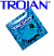A 4-frame animated contact sheet showing a blue condom package icon with 'TROJAN' text above each frame, displaying sequential motion of the package rotating and transforming into a Trojan horse-like figure holding a glowing ball.