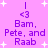 Purple text on pink background with white stars, repeating 'I <3 Bam, Pete, and Raab' in two vertical with animated star positions