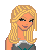Pixel art of a blonde woman with long hair, wearing a gray top and necklace, next to partial views of a person in blue jeans and a patterned shirt.