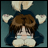 Pixelated anime-style character with brown hair and blue clothing, wearing a bunny-eared hood, hands clasped near chest, against teal background.