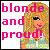 Pixelated static image of a cartoon woman with long blonde hair and pink text reading "blonde and proud!" on the left side.
