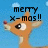 Pixelated orange reindeer head with large eye and red nose against blue sky background, displaying 'merry x-mas!!' text.