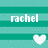 Pixelated teal and green striped background with white text 'rachel' centered horizontally, a white heart symbol in the bottom-right corner.