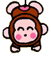 A cartoon monkey in a brown hooded outfit with pink cheeks and ears hangs from a string, eyes closed, mouth open, and arms outstretched against a gray background.