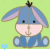 Pixelated blue donkey with pink inner ears and black eyes sits against light green background, wearing dark blue outfit with white accents.