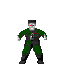 Pixelated character in green uniform with red eyes and black boots, shown in multiple poses including standing, raising arm, and disintegrating into purple particles.