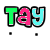 Animated sequence of 'Tay' text with color-swapped letters , each letter outlined in black against white background