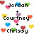 Pixelated heart-shaped icons in red, blue, green, yellow, orange, and purple surround black text reading Jordan, Courtney, Chrissy, and BFF on a white background.