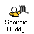 Pixelated static buddy icon featuring a yellow stick figure holding a black scorpion symbol above text reading "Scorpio Buddy" on gray background.