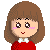 Pixel art avatar with brown shoulder-length hair, red top with white collar, pink blush marks, and two distinct eye expressions.