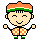 Pixel art character with orange-and-green striped hat, checkered orange-and-white shirt, green pants, and two poses: one smiling with closed eyes, one with open mouth and closed eyes.