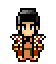 Four pixel art character views with black hair, white eyes, and checkered red-and-white shoulder accents on brown clothing with green waistband.