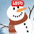 Pixelated snowman with orange carrot nose, brown scarf, black button eyes and mouth, standing against light blue sky background.