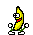 Pixel art contact sheet of 8 animated frames showing a yellow banana character with green limbs, white shoes, and red mouth in various poses against gray background.