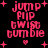 Pixelated pink text on black background with scattered plus signs and hearts, displaying 'jump flip twist tumble' in four identical
