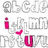 Pixelated grayscale and magenta text elements form a repeating pattern with animated pink accents on white background