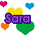 Pixelated icon with 'Sara' text in purple, green, and yellow lettering surrounded by colorful hearts and flowers on a white background.