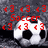 A soccer ball with black and white appears in three separate text overlays on a gray background, each displaying red pixelated text