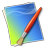 Pixelated icon of a paintbrush with a brown handle and red bristles resting on a blue and green gradient background.